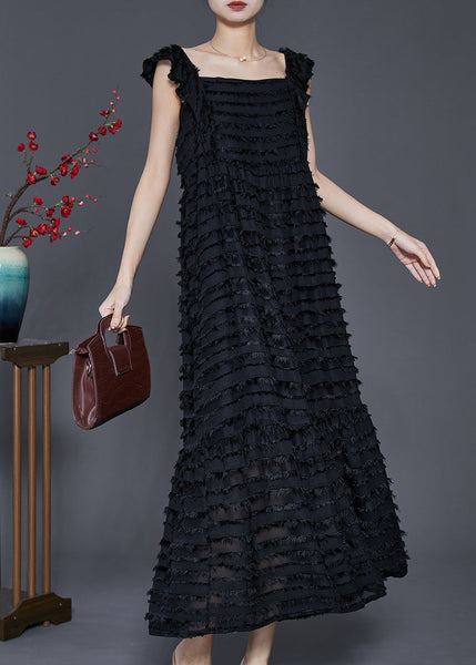 Black Cotton Beach Dresses Square Collar Tasseled Sleeveless SD1041 Ada Fashion