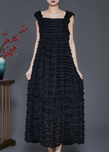 Black Cotton Beach Dresses Square Collar Tasseled Sleeveless SD1041 Ada Fashion