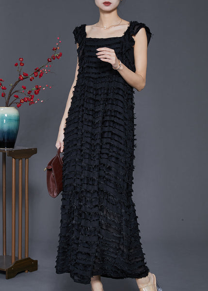 Black Cotton Beach Dresses Square Collar Tasseled Sleeveless SD1041 Ada Fashion