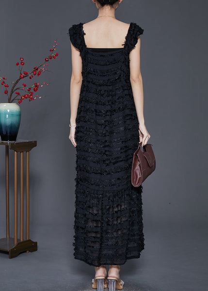 Black Cotton Beach Dresses Square Collar Tasseled Sleeveless SD1041 Ada Fashion