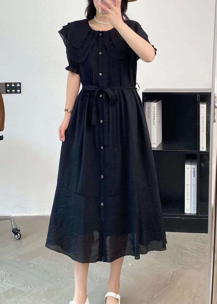 Black Cotton Dresses Peter Pan Collar Button Tie Waist Summer AP004 GK-SDL240718