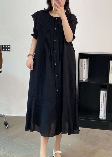 Black Cotton Dresses Peter Pan Collar Button Tie Waist Summer AP004 GK-SDL240718