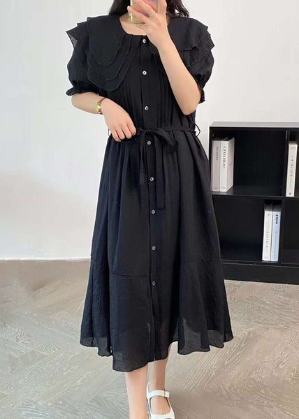 Black Cotton Dresses Peter Pan Collar Button Tie Waist Summer AP004 GK-SDL240718