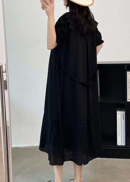 Black Cotton Dresses Peter Pan Collar Button Tie Waist Summer AP004 GK-SDL240718