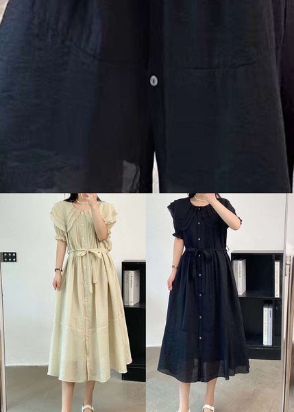 Black Cotton Dresses Peter Pan Collar Button Tie Waist Summer AP004 GK-SDL240718