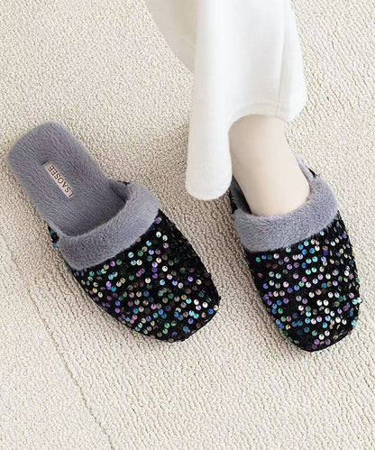 Black Cotton Fabric Slippers Shoes Sequins Fuzzy Wool Lined RX016 ABC