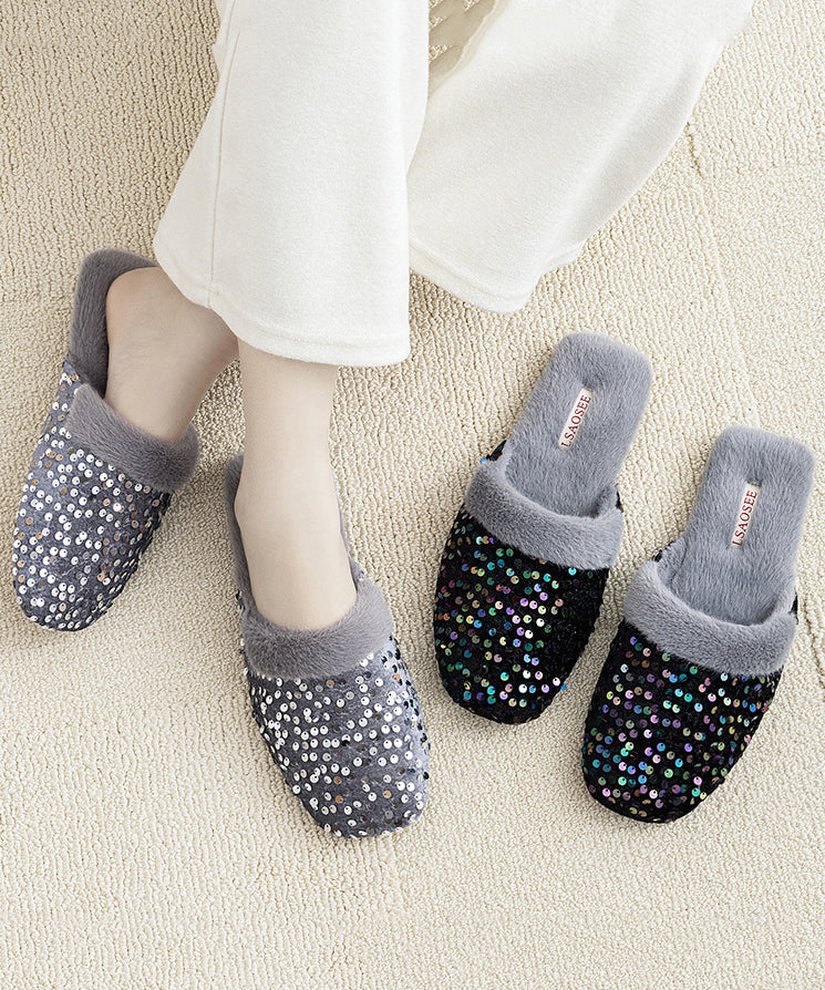 Black Cotton Fabric Slippers Shoes Sequins Fuzzy Wool Lined RX016 ABC