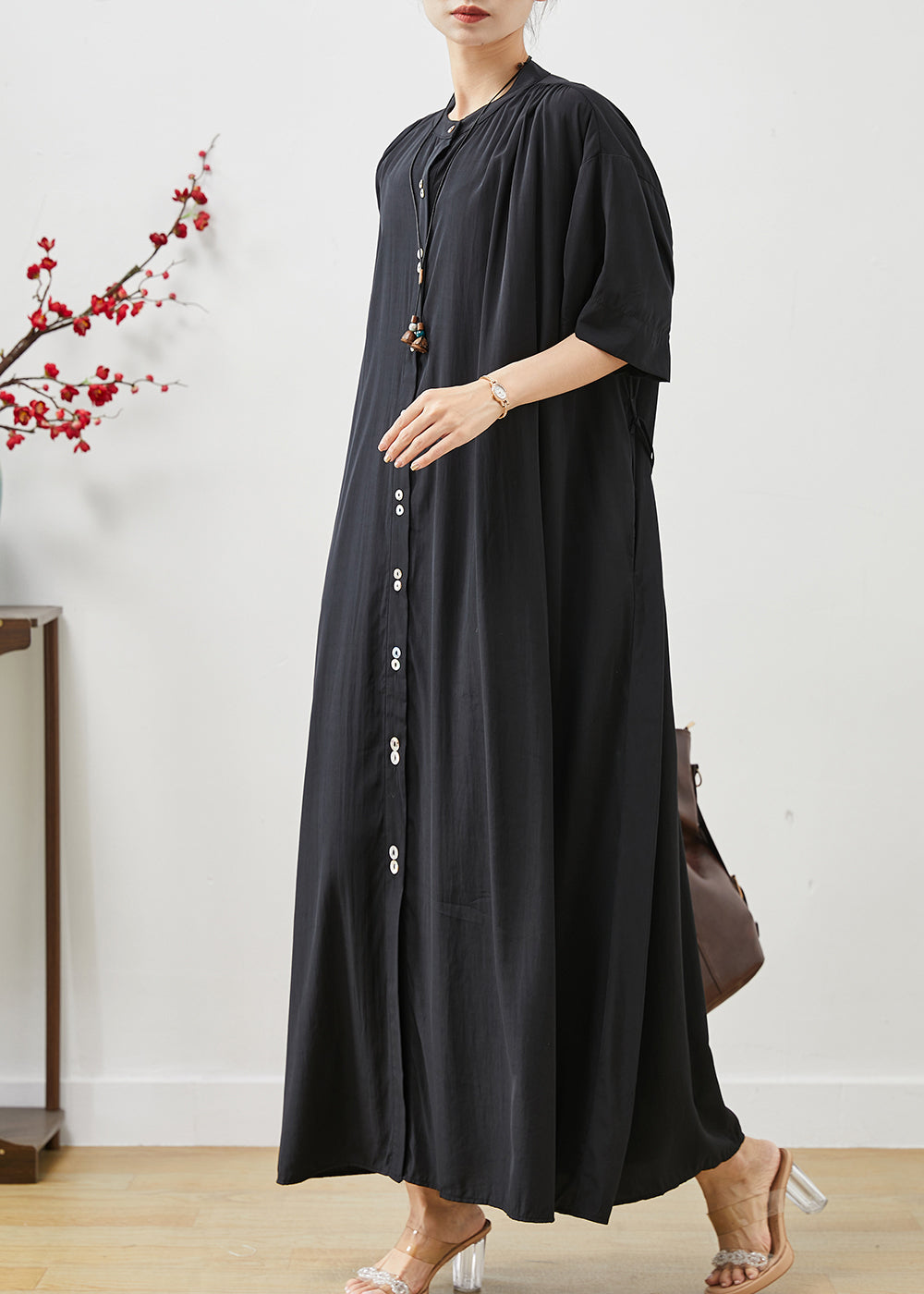 Black Cotton Robe Dresses Stand Collar Oversized Summer AP1072 AM-SDL240904