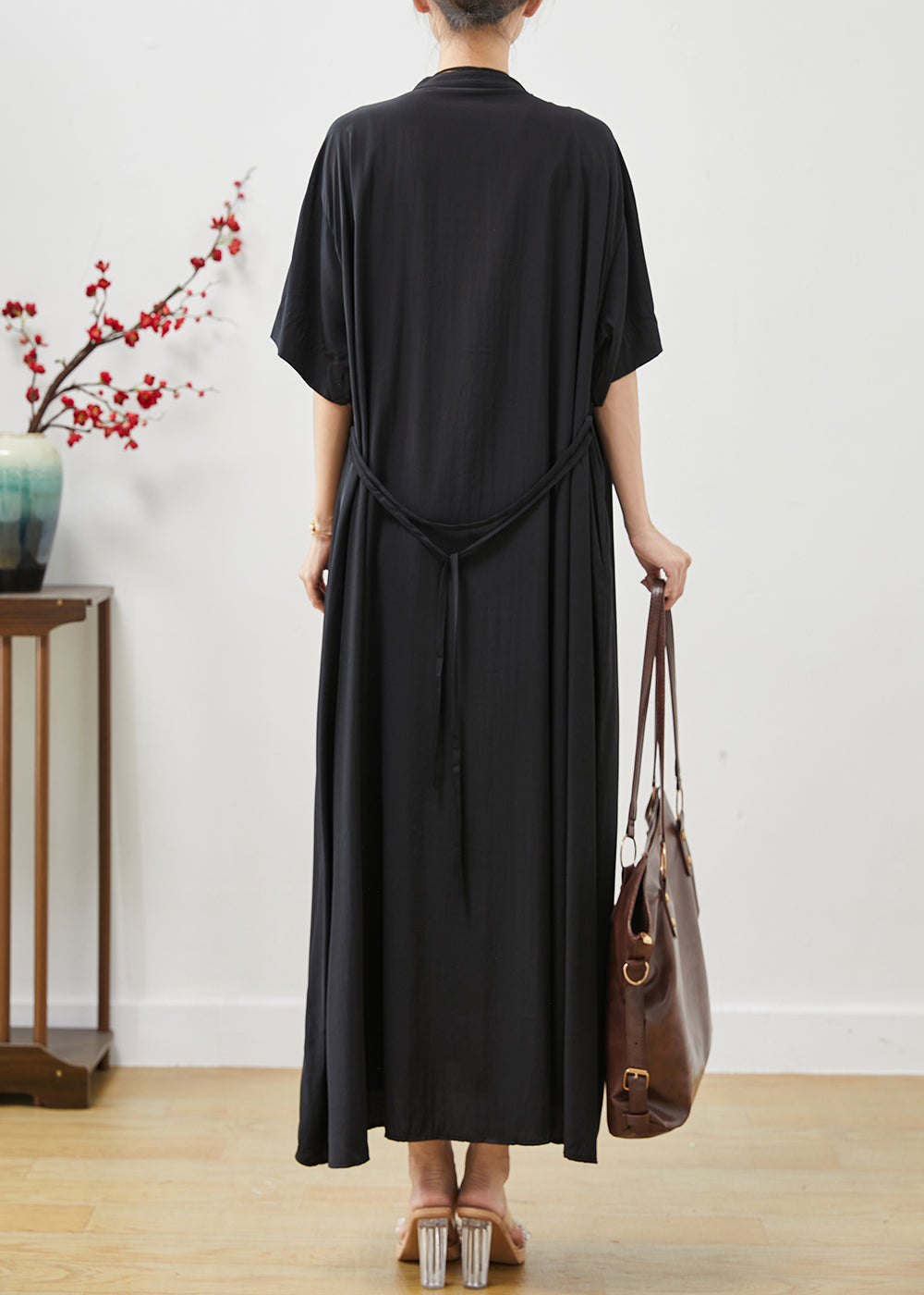 Black Cotton Robe Dresses Stand Collar Oversized Summer AP1072 AM-SDL240904