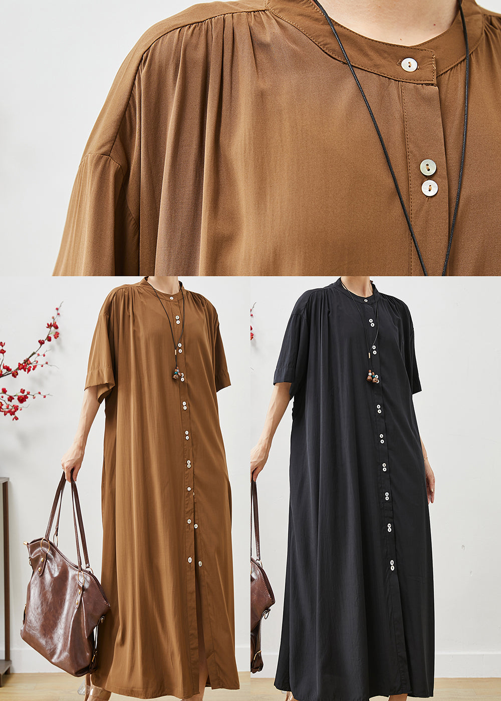 Black Cotton Robe Dresses Stand Collar Oversized Summer AP1072 AM-SDL240904