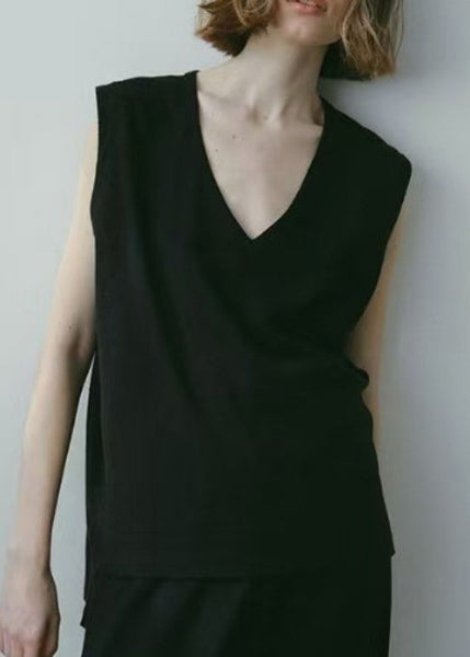 Sleeveless Cotton Tops V Neck Black Tank FashionChic