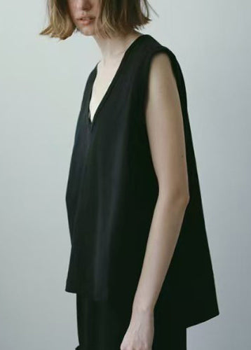 Sleeveless Cotton Tops V Neck Black Tank FashionChic