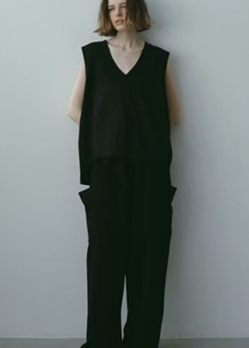 Sleeveless Cotton Tops V Neck Black Tank FashionChic
