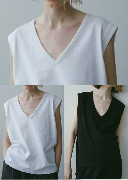 Sleeveless Cotton Tops V Neck Black Tank FashionChic