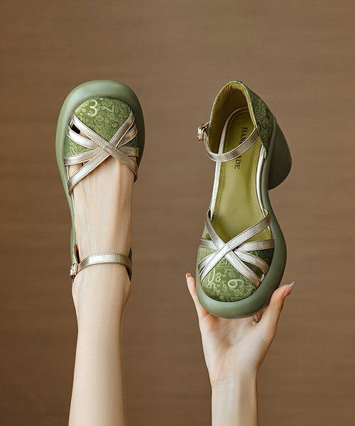 Leather Buckle Splicing Black Sandals Cowhide Chunky Strap Heel FashionChic