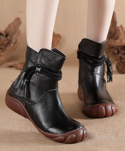 Splicing Leather Cowhide Tassel Black Boots Retro Comfortable FashionChic