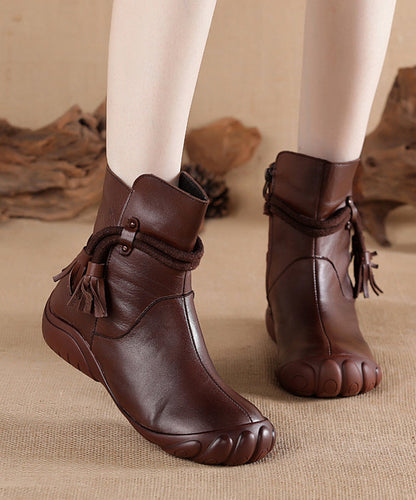 Cowhide Black Retro Comfortable Leather Boots Tassel Splicing FashionChic