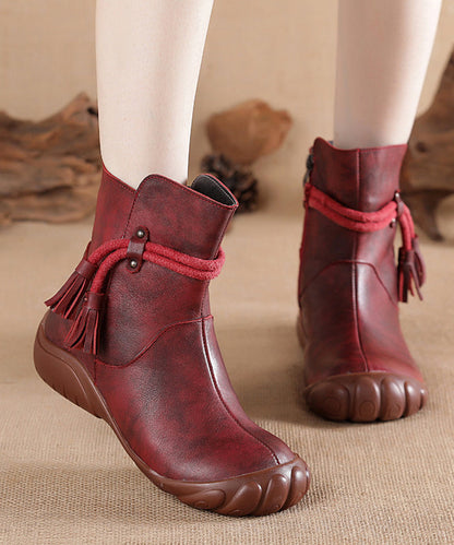 Cowhide Black Retro Comfortable Leather Boots Tassel Splicing FashionChic
