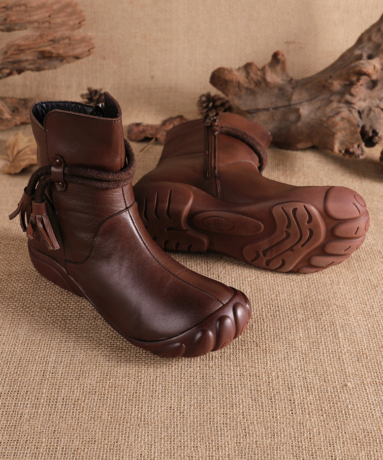 Splicing Leather Cowhide Tassel Black Boots Retro Comfortable FashionChic