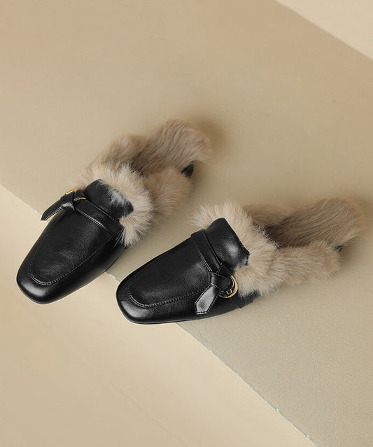 Black Cowhide Leather Comfy Fuzzy Wool Lined Slide Sandals RS014 ABC