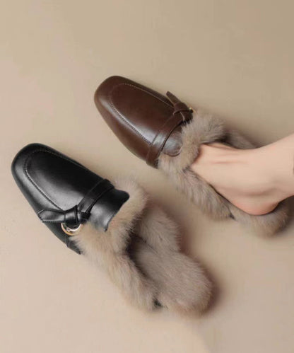 Black Cowhide Leather Comfy Fuzzy Wool Lined Slide Sandals RS014 ABC