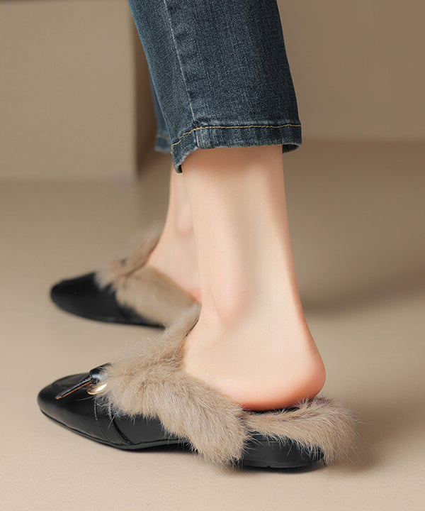 Black Cowhide Leather Comfy Fuzzy Wool Lined Slide Sandals RS014 ABC