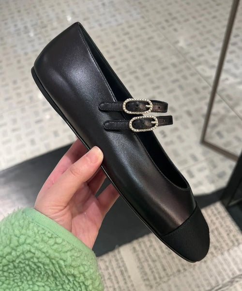 Feet Cowhide Black Leather Shoes Flat Strap Splicing Buckle FashionChic