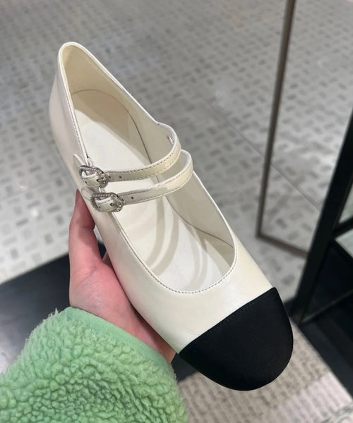 Feet Cowhide Black Leather Shoes Flat Strap Splicing Buckle FashionChic