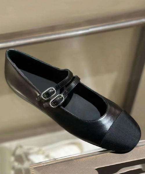 Feet Cowhide Black Leather Shoes Flat Strap Splicing Buckle FashionChic