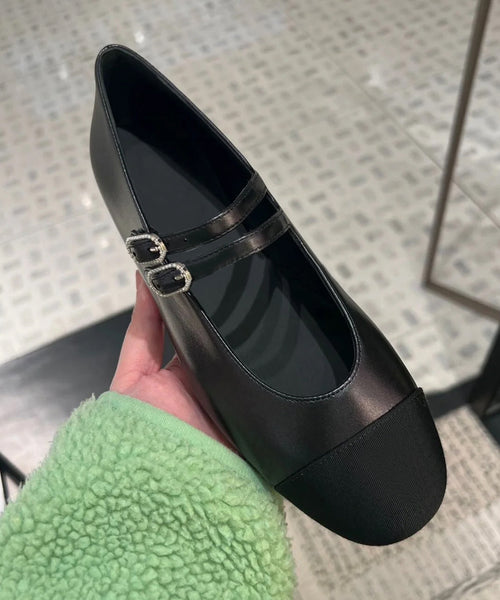 Feet Cowhide Black Leather Shoes Flat Strap Splicing Buckle FashionChic