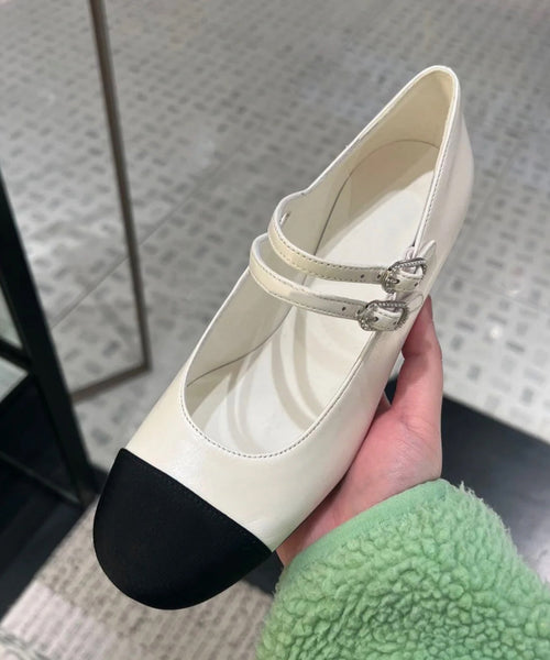 Feet Cowhide Black Leather Shoes Flat Strap Splicing Buckle FashionChic