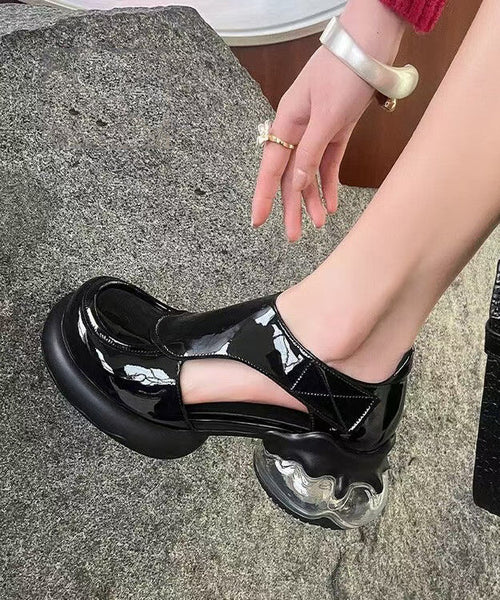 Chic Platform Out Splicing Cowhide Hollow Black Loafers Leather FashionChic