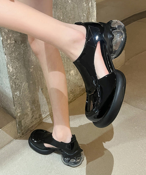 Hollow Chic Splicing Cowhide Black Out Platform Leather Loafers FashionChic