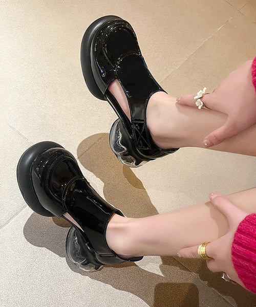 Hollow Chic Splicing Cowhide Black Out Platform Leather Loafers FashionChic