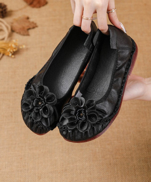 For Shoes Leather Women Cowhide Splicing Soft Black Flat FashionChic