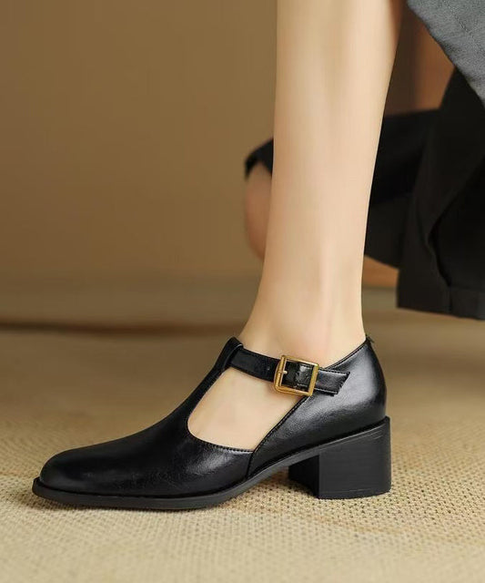 Black Cowhide Chunky Hollow Out Leather Splicing Shoes FashionChic