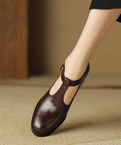 Black Cowhide Chunky Hollow Out Leather Splicing Shoes FashionChic