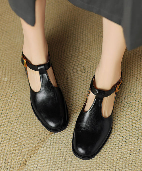 Black Cowhide Chunky Hollow Out Leather Splicing Shoes FashionChic