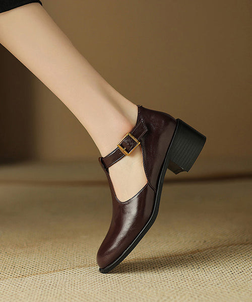 Black Cowhide Chunky Hollow Out Leather Splicing Shoes FashionChic