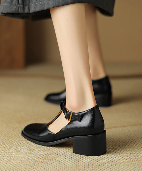 Black Cowhide Chunky Hollow Out Leather Splicing Shoes FashionChic