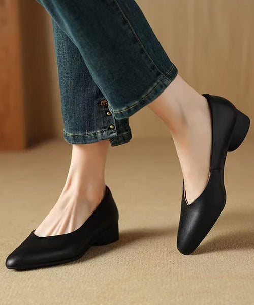 Black Pointed Toe Chunky Shoes Splicing Cowhide Leather FashionChic
