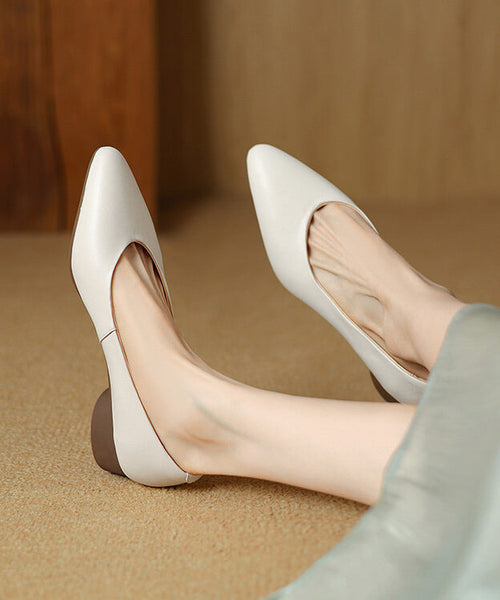 Black Pointed Toe Chunky Shoes Splicing Cowhide Leather FashionChic