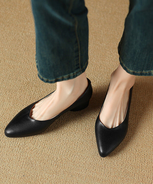 Black Pointed Toe Chunky Shoes Splicing Cowhide Leather FashionChic