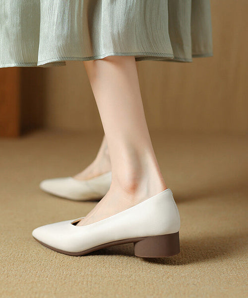 Black Pointed Toe Chunky Shoes Splicing Cowhide Leather FashionChic