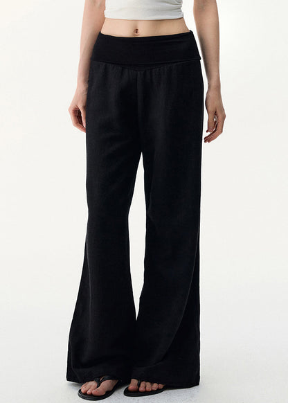 Black Pants Elastic Cozy Waist Leg Wide Linen FashionChic