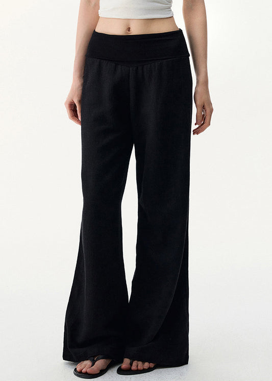 Black Pants Elastic Cozy Waist Leg Wide Linen FashionChic
