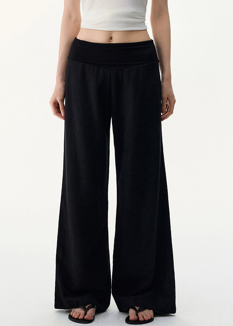 Black Pants Elastic Cozy Waist Leg Wide Linen FashionChic