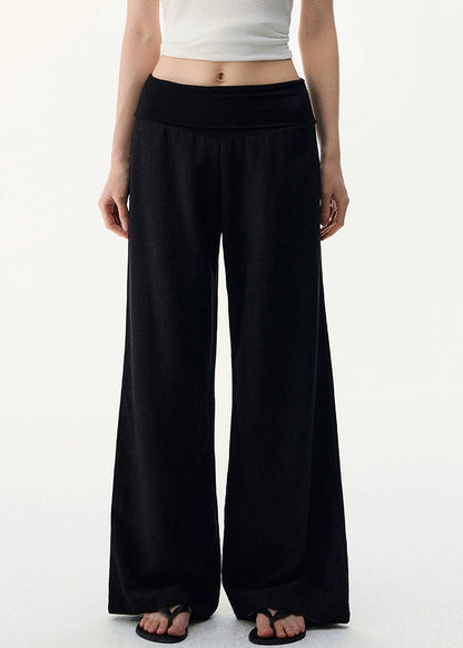 Black Pants Elastic Cozy Waist Leg Wide Linen FashionChic