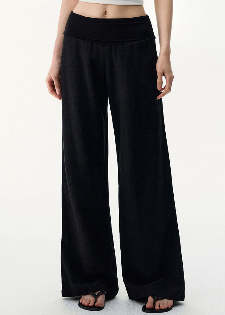 Black Pants Elastic Cozy Waist Leg Wide Linen FashionChic