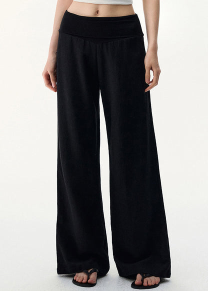 Black Pants Elastic Cozy Waist Leg Wide Linen FashionChic